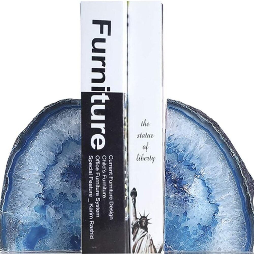 Heavyweight Dyed Blue Agate Bookends with Natural Patterns for Stylish Storage
